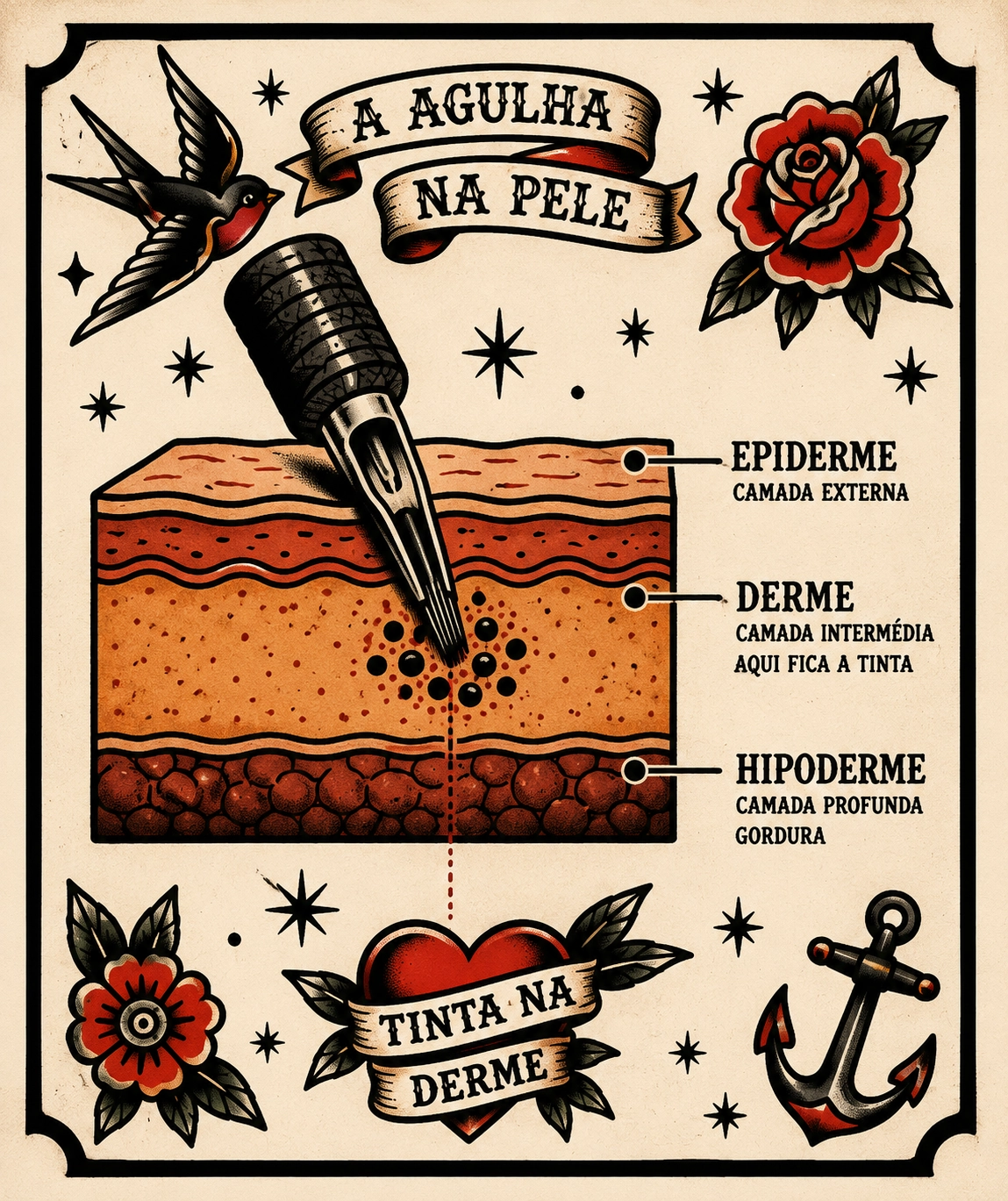 Ilustração old school mostrando a agulha de tatuagem perfurando a pele até a derme, com as camadas epiderme, derme e hipoderme identificadas