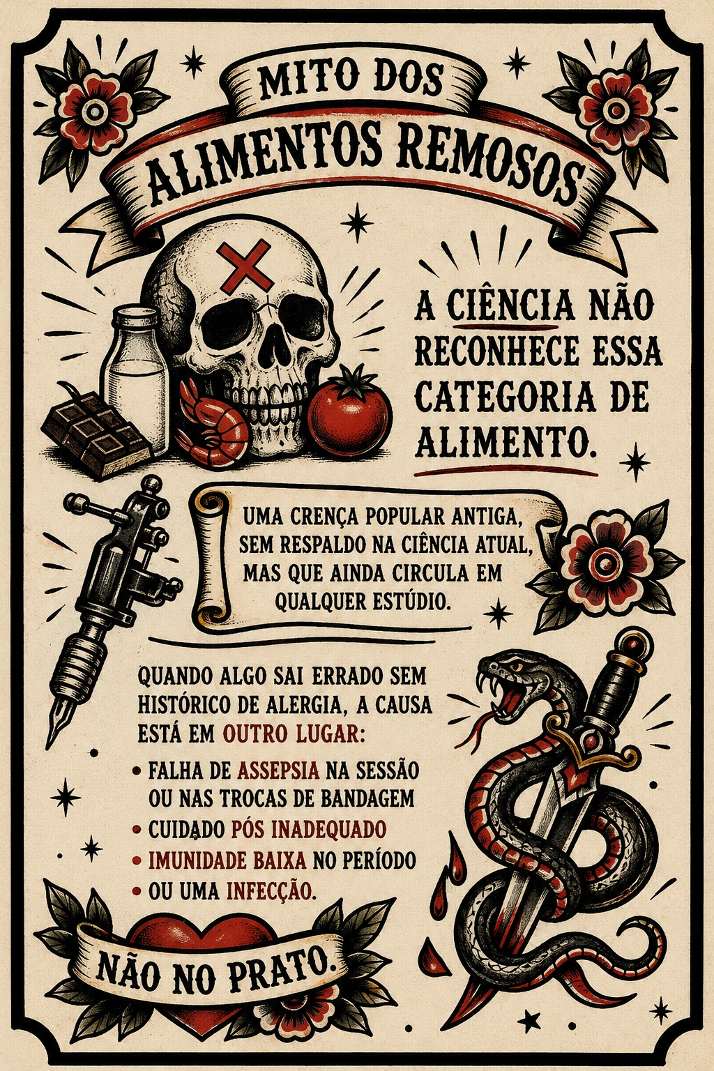 Infográfico ilustrado desmistificando o mito dos alimentos remosos, explicando que a ciência não reconhece essa categoria de alimento e que reações são causadas por alergia individual, não pela tatuagem