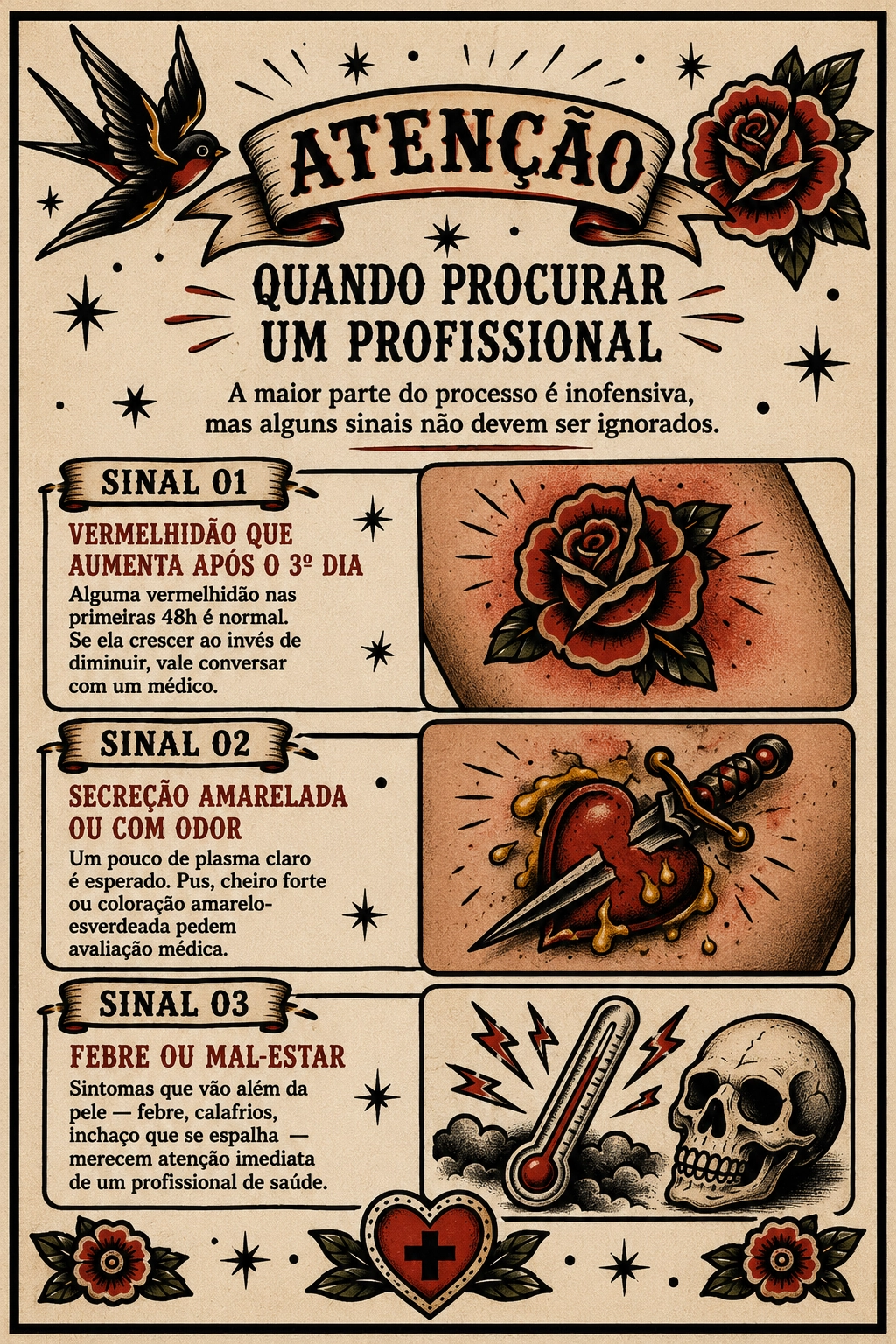 Infográfico ilustrado com os três sinais de alerta para procurar um profissional: vermelhidão que aumenta após o 3º dia, secreção amarelada ou com odor, e febre ou mal-estar
